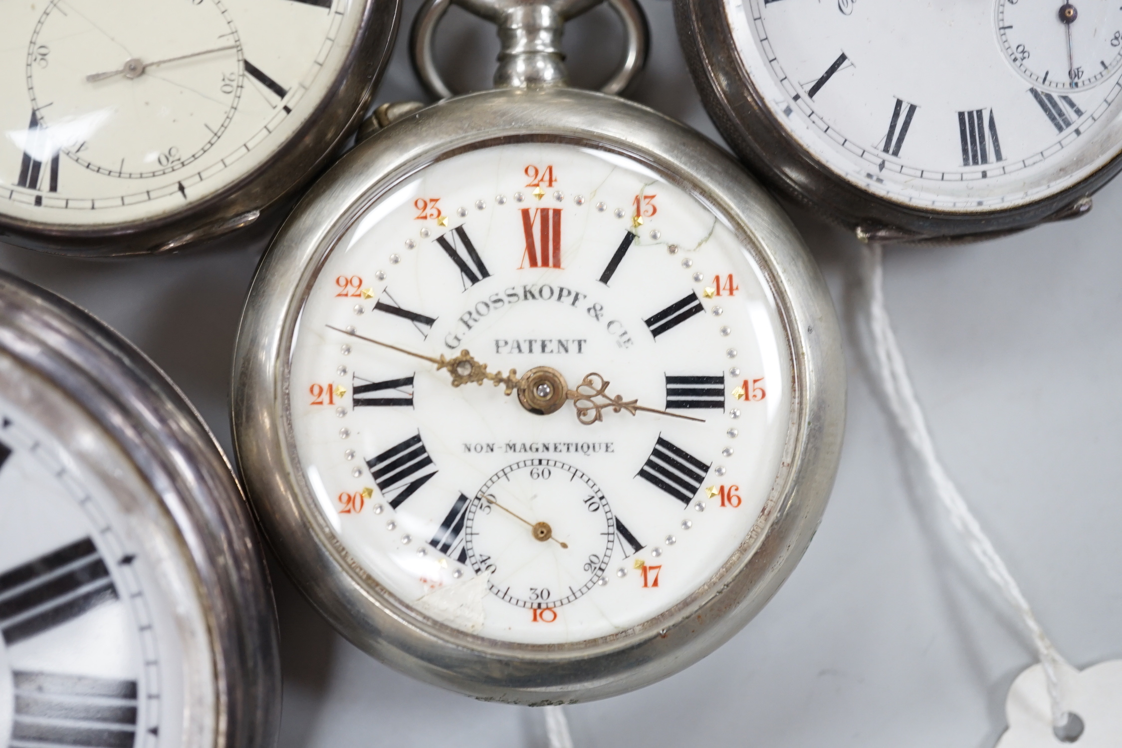 Ten assorted base metal pocket watches including two Goliath one by Bishop of Bournemouth.